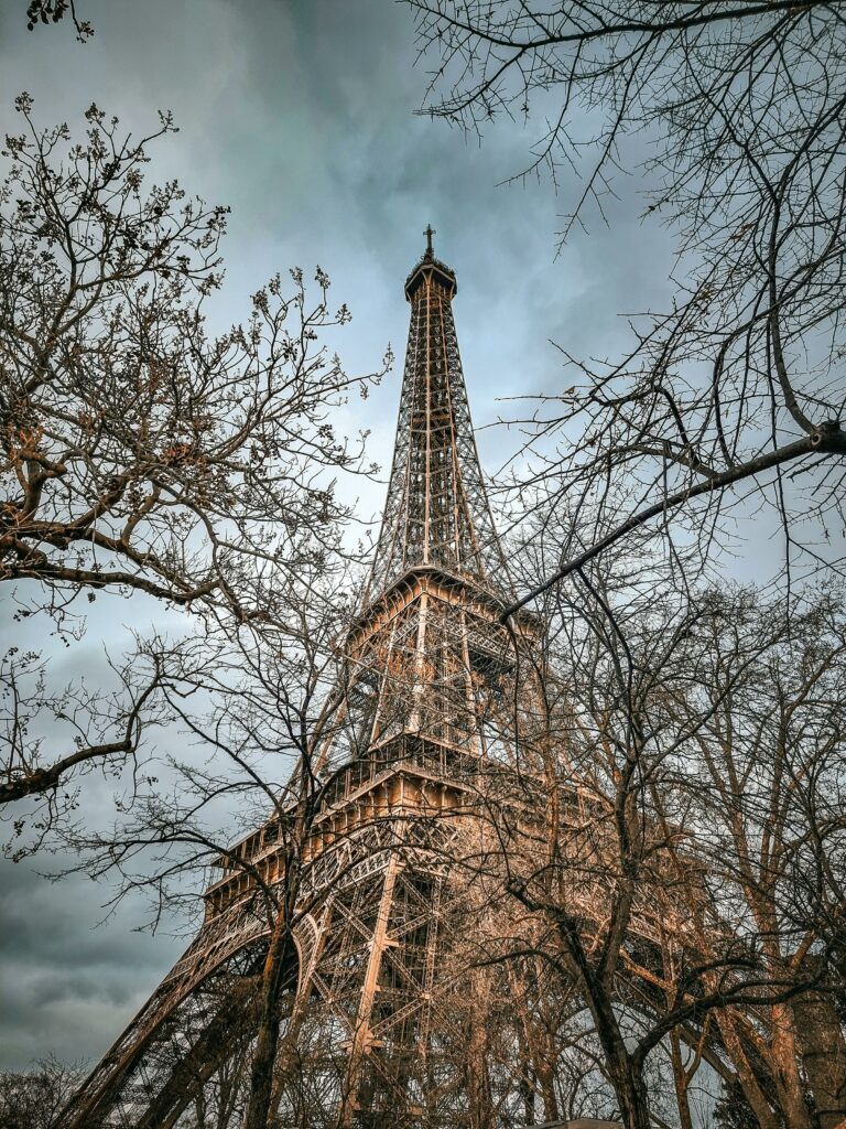 Eiffel Tower in Paris, surrounded by bare trees during winter, under a cloudy sky.